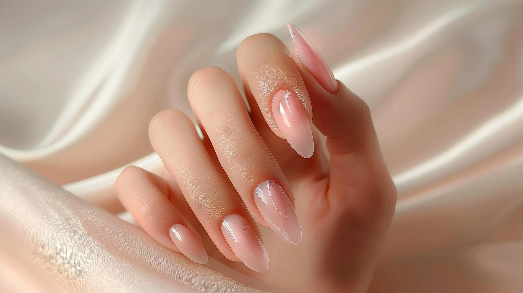 Elegant almond nails on cream satin