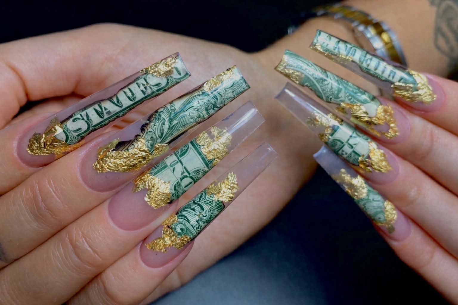 Custom money-themed nail art