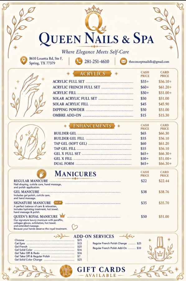 Queen Nails & Spa menu: acrylics, enhancements and manicures