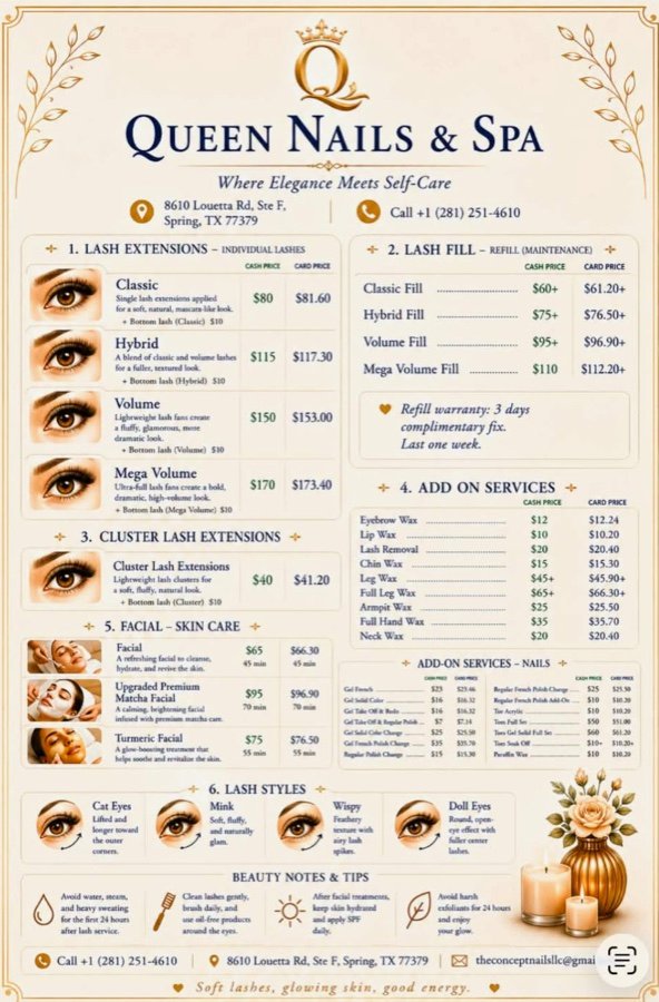Queen Nails & Spa lashes, facials and waxing menu