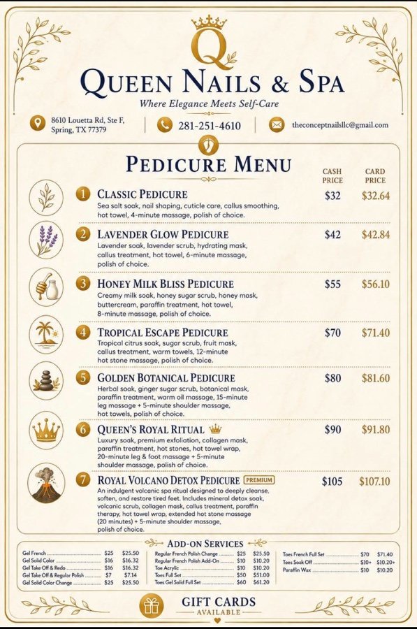 Queen Nails & Spa pedicure menu